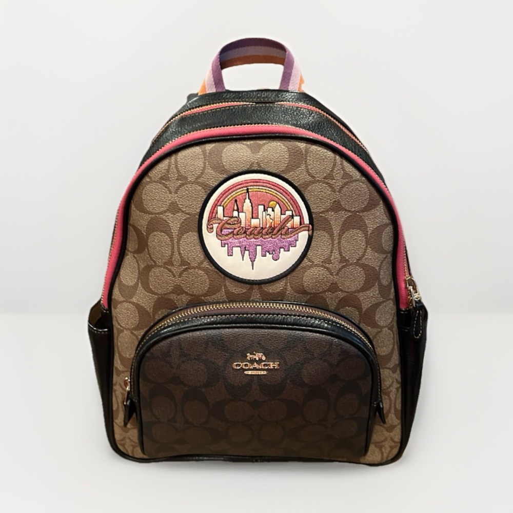 Coach Court Backpack Black Tan Pink Sig Canvas With NYC Souvenir Patch EUC COA